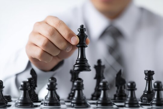Businessman is moving the black king chess piece on a chessboard, implementing his business strategy and planning for success