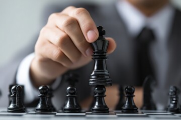 Businessman playing chess, moving the king piece on a chessboard, demonstrating strategic thinking, planning, and a path to success in business strategy