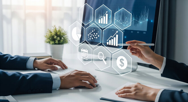 Professionals Analyzing Data with Holographic Charts in Modern Office