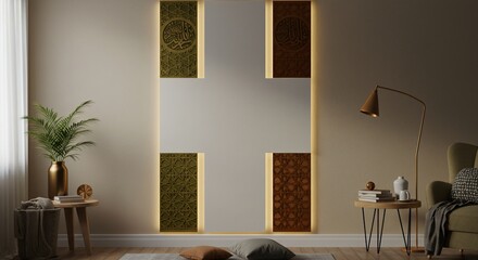 Serene neutral room with decorative Islamic wall art