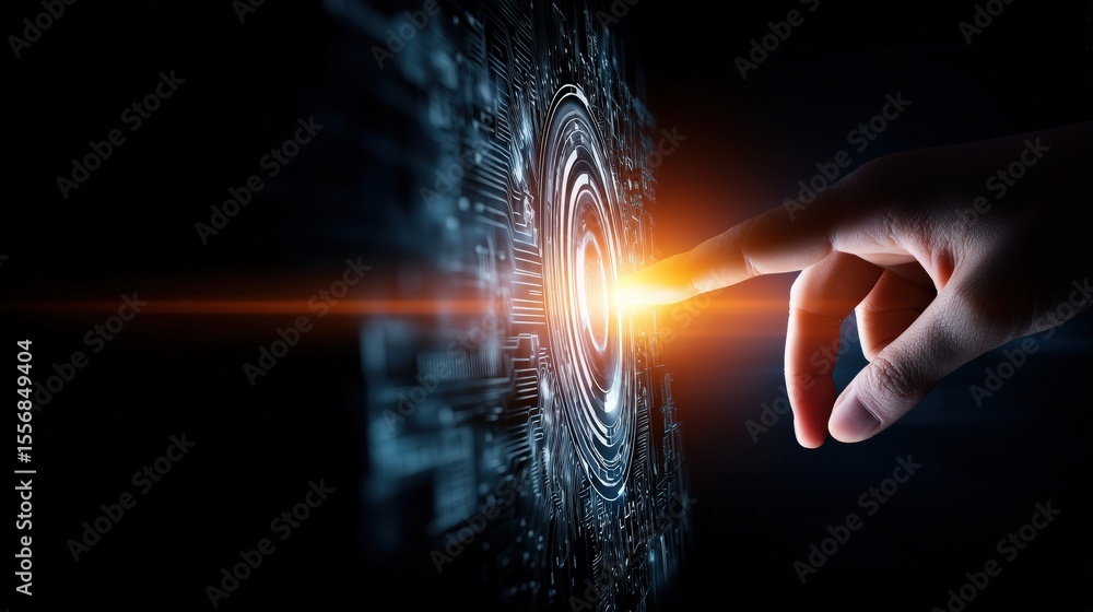 Poster hand interacting with futuristic digital interface, symbolizing innovation and technological advance