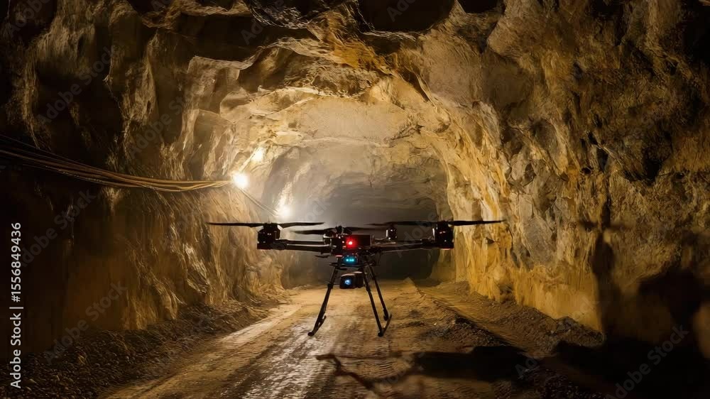 Poster drone flying underground mine tunnel with rocky walls and dirt floor capturing footage in dim lighti