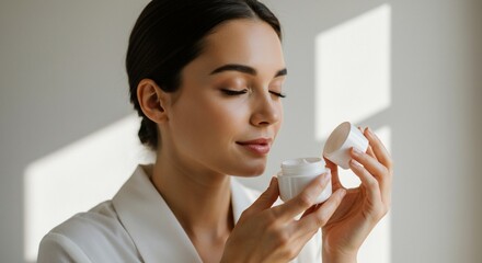 Serene woman enjoys aromatic facial creme