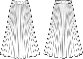 Pleated skirt flat sketch, fashion technical drawing, front and back view, vector apparel template, A-line skirt design, CAD illustration for fashion designers