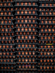 Pile stacks of brown eggs in trays from an agricultural egg farm factory. For wholesale market. © Tavan