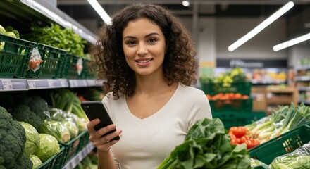 Shopper checks her phone amidst produce