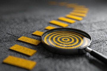 Magnifying glass focusing yellow and black target over steps of success path, concept for goal achievement or development plan