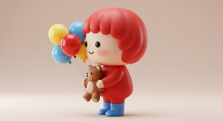 Smiling toon girl with balloons teddy bear