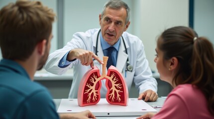 Doctor explains lung anatomy to patients in clinic medical education informative environment detailed viewpoint, World Lung Cancer Day