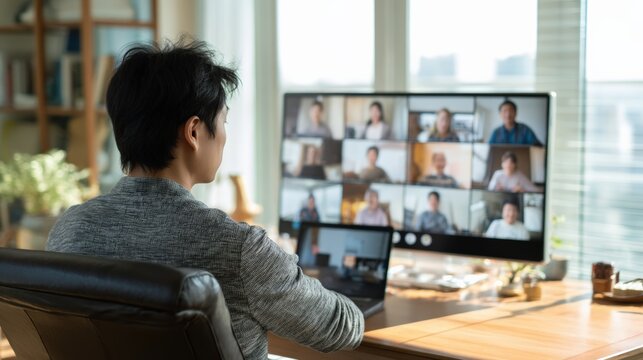 Businessman attending online meeting with colleagues working remotely from home office using video call on computer