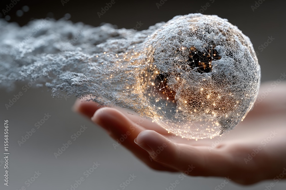 Poster glowing data sphere floating above a hand