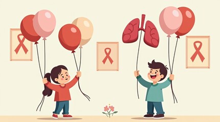 Children celebrating health awareness community center illustration cheerful atmosphere eye-level view lung health concept, World Lung Cancer Day