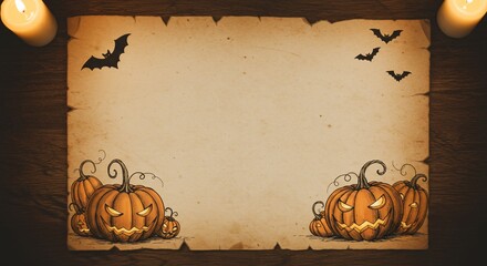 Spooky parchment with pumpkins and bats