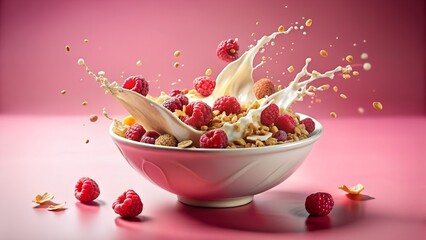 A closeup shot of a white bowl filled with cereal raspberries and milk creating a vibrant splash