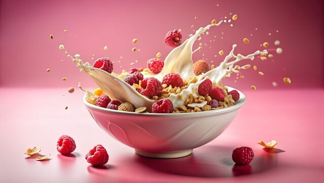 A closeup shot of a white bowl filled with cereal raspberries and milk creating a vibrant splash