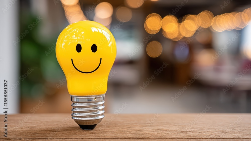 Poster cheerful smiling bulb with soft bokeh background for bright ideas