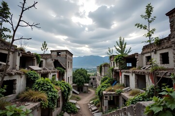 Fototapeta premium Abandoned Post-Apocalyptic Cityscape Under a Somber Sky, Crumbling Buildings Overgrown with Vegetation, Silence and Desolation