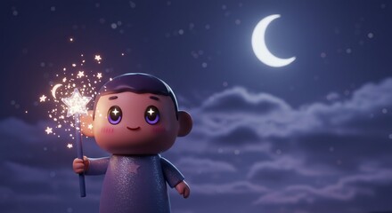 Starry magic with doll under moonlit sky
