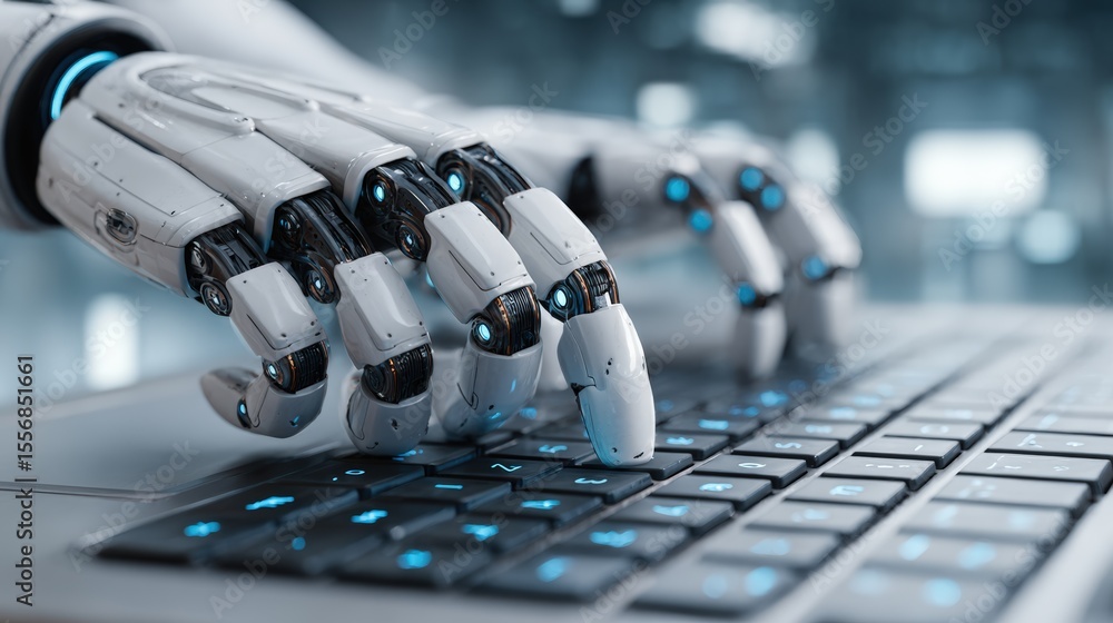 Poster close-up of android humanoid typing on digital interface with details