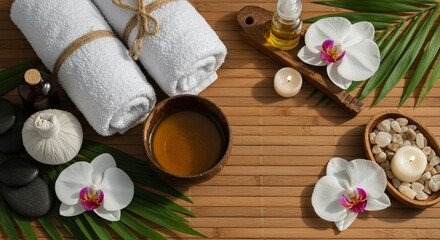 Tranquil spa setup with flowers and essentials