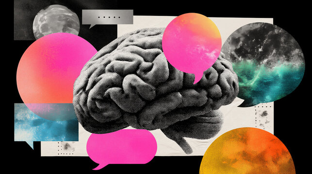 collage of brain with colorful messaging speech bubbles, themes of ADHD and neurodiversity