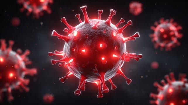 Close-Up Biological Illustration of Coronavirus in Dark Background
