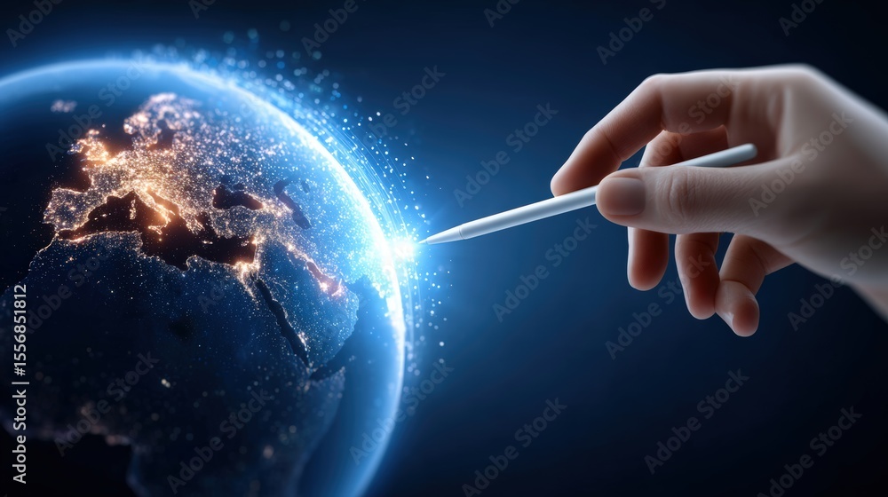Poster glowing interaction with earth close up in digital style