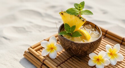 Tropical drink in coconut shell beach
