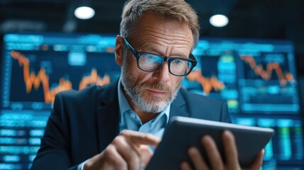 Businessman in Tailored Suit Using Tablet in Modern Office Environment