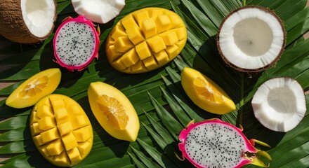Tropical fruits feast on palm leaves