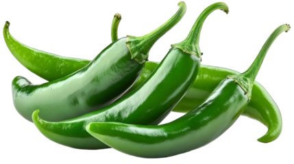 Fresh and vibrant green chili peppers arranged attractively showcasing their glossy texture and curved shapes on a transparent background for culinary inspiration