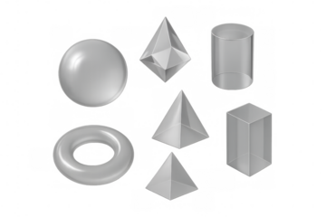 Geometric 3d shapes levitating against transparent backdrop, displaying clean minimalist design with white mathematical forms