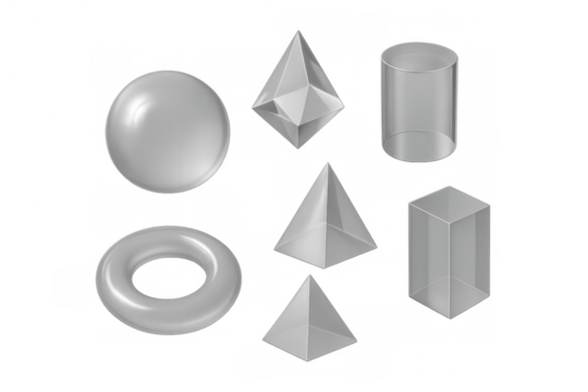 Geometric 3d shapes levitating against transparent backdrop, displaying clean minimalist design with white mathematical forms - Powered by Adobe