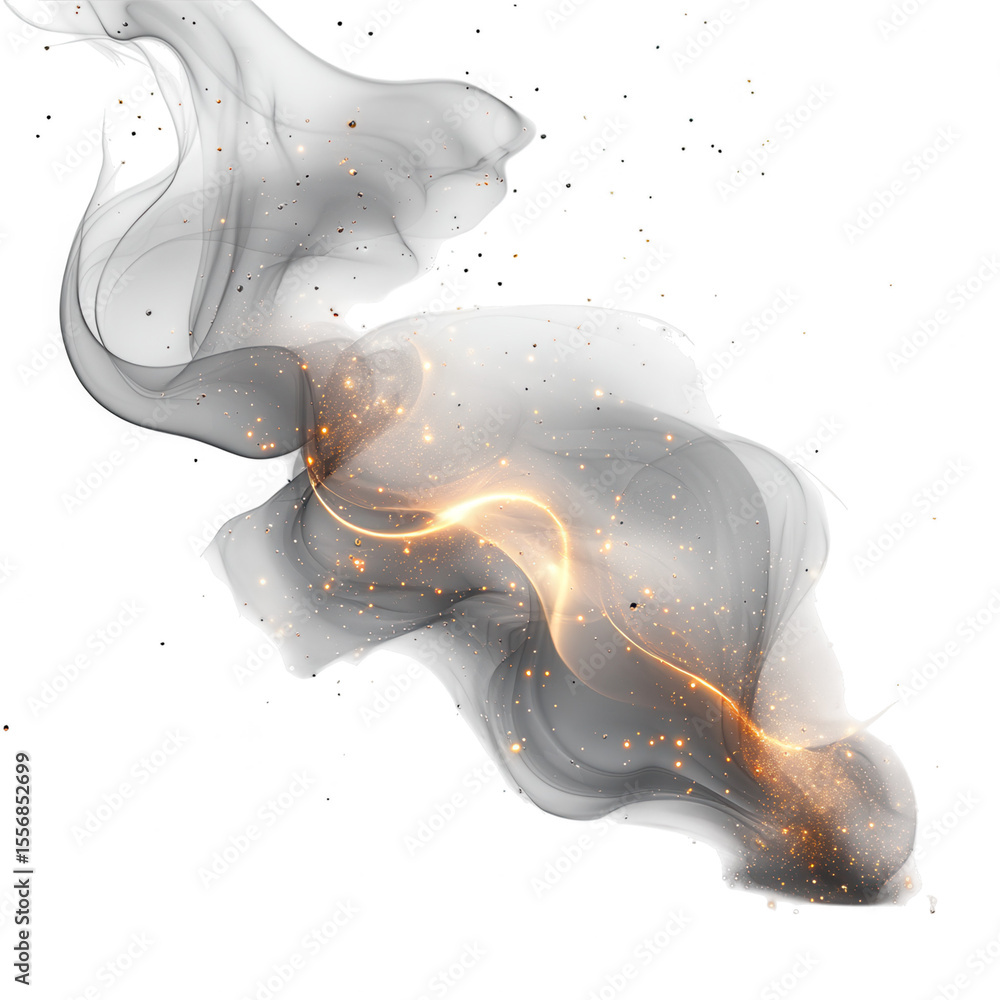 Poster abstract flowing light and particles with a luminous golden energy streak on a transparent backgroun