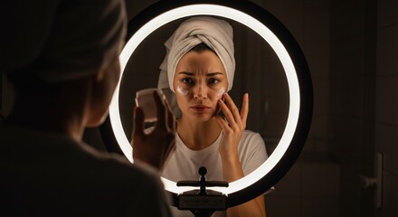 Woman applying cream in glowing mirror