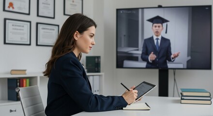 Woman attends virtual graduation taking notes