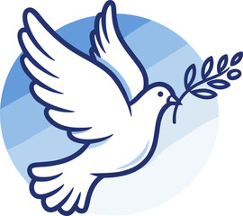 Obraz premium White dove flying with olive branch on blue background 
