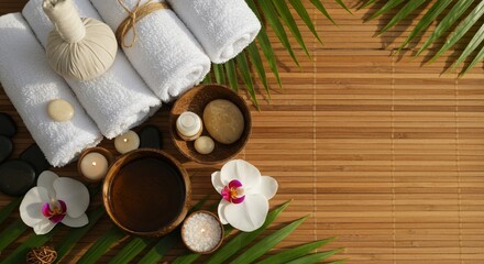 Zen spa setting with towels flowers and stones