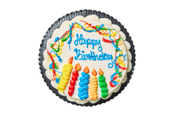 Festive happy birthday cake with colorful candles and swirls isolated on transparent background