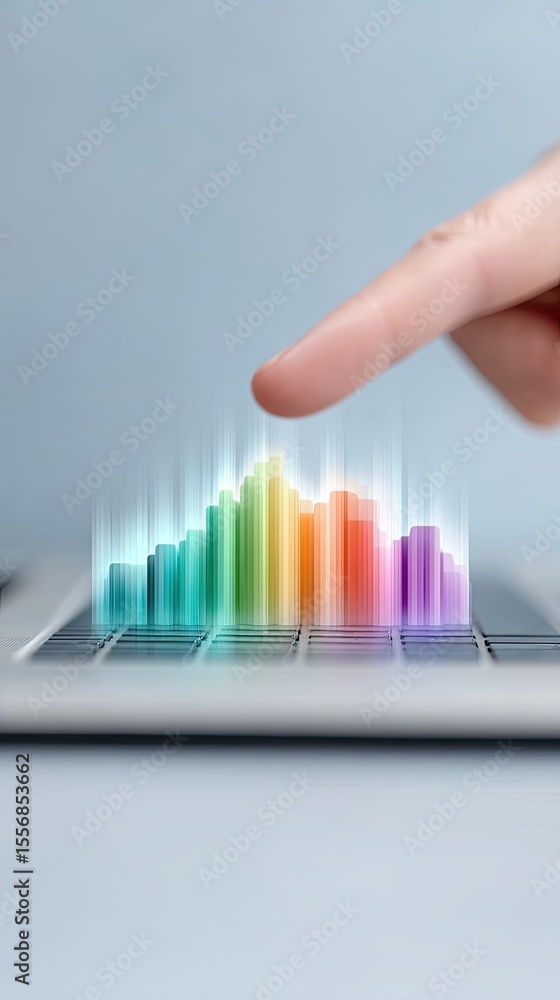 Poster hand interacting with colorful holographic data chart projected from laptop