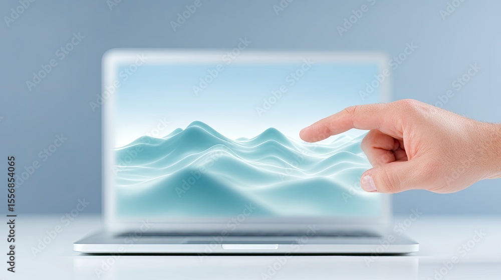 Poster hand interacting with teal wave data visualization on laptop screen