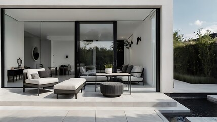 Contemporary monochrome house terrace, minimal furniture, clean geometric layout, white and gray tones