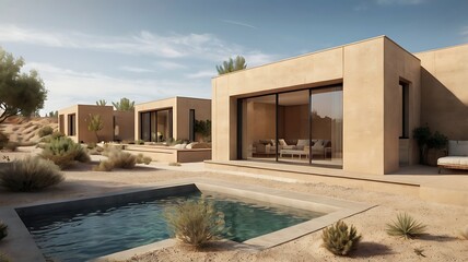 Fototapeta premium Contemporary terrace houses in desert landscape, flat roofs, sand textures, 3D rendering