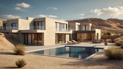 Contemporary terrace houses in desert landscape, flat roofs, sand textures, 3D rendering