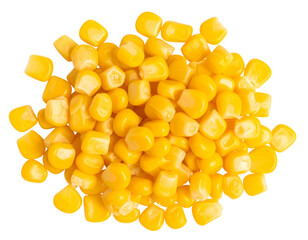 Fototapeta premium Top view of fresh yellow corn kernels pile, isolated on transparent white background PNG