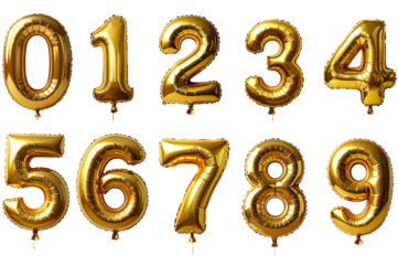 Metallic gold number balloon floating on white background