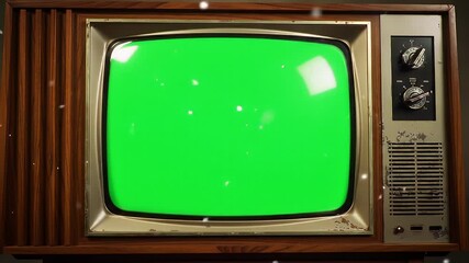 Nostalgic retro television with a vibrant green screen display and falling snow effect for vintage projects and motion graphics