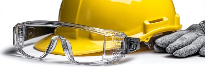 Safety gear including a yellow hard hat, protective glasses, and work gloves, emphasizing construction and workplace safety.