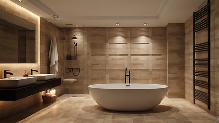 Contemporary bathroom with freestanding tub, warm lighting, large tiles, 3D render