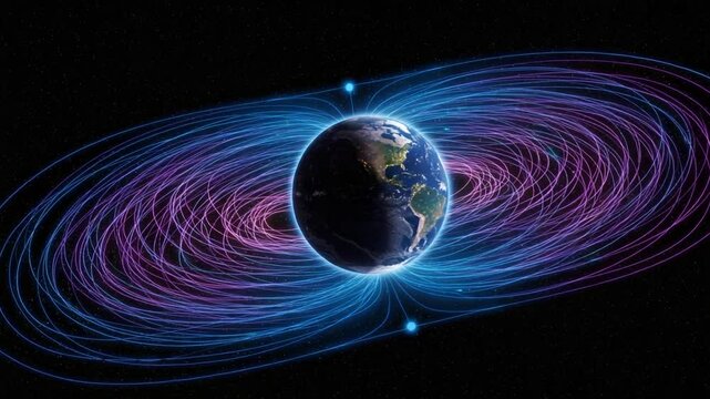 Earth surrounded by magnetic field lines illustrating geomagnetic activity in space